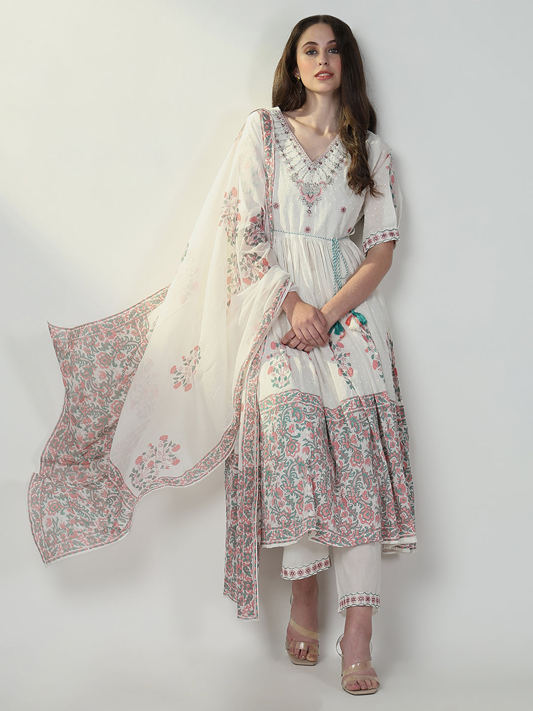 Women Floral White Anarkali Kurta Set with Dupatta