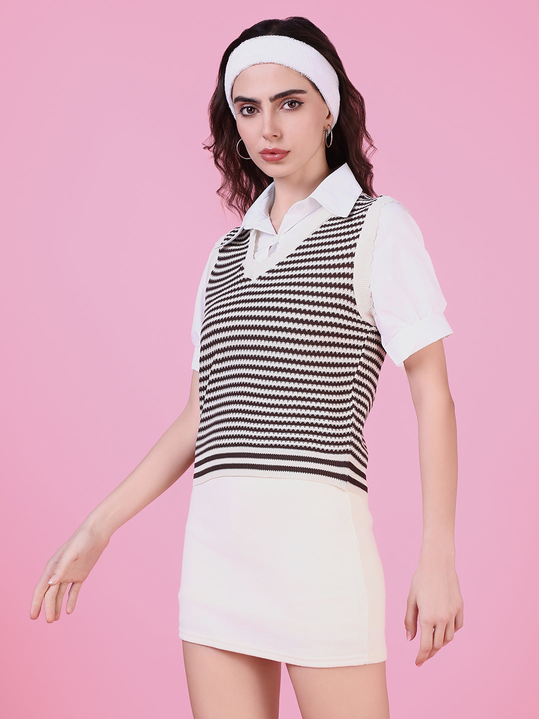 Women Brown Striped Shirt Style Top