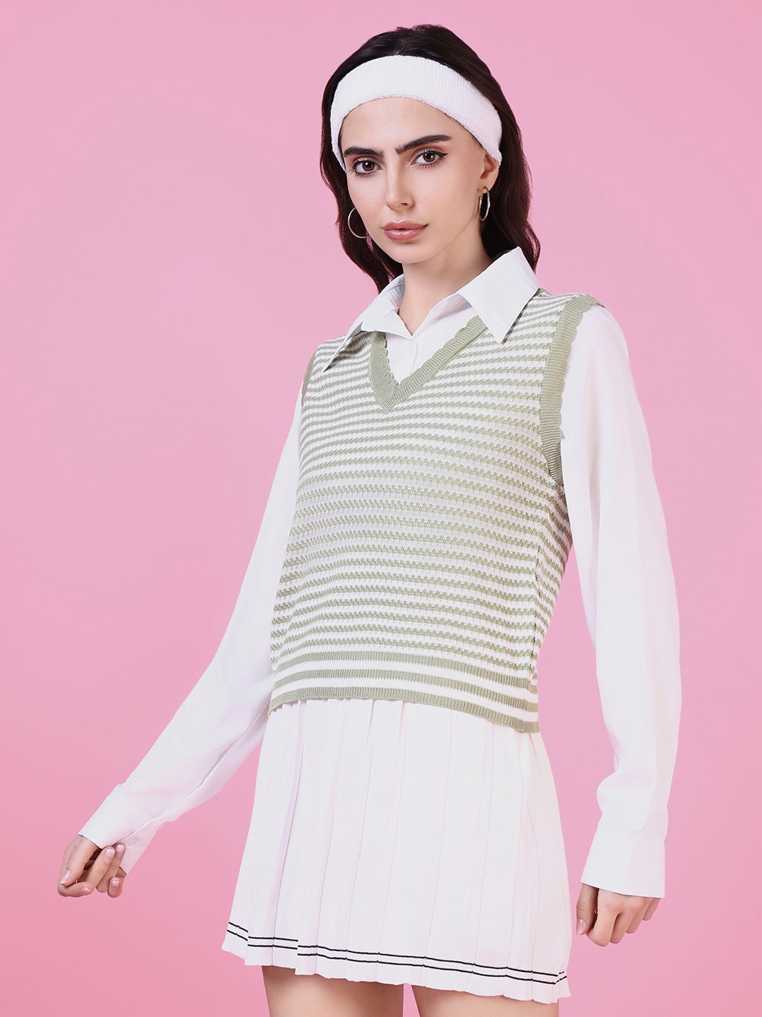 Women Green Striped Shirt Style Top