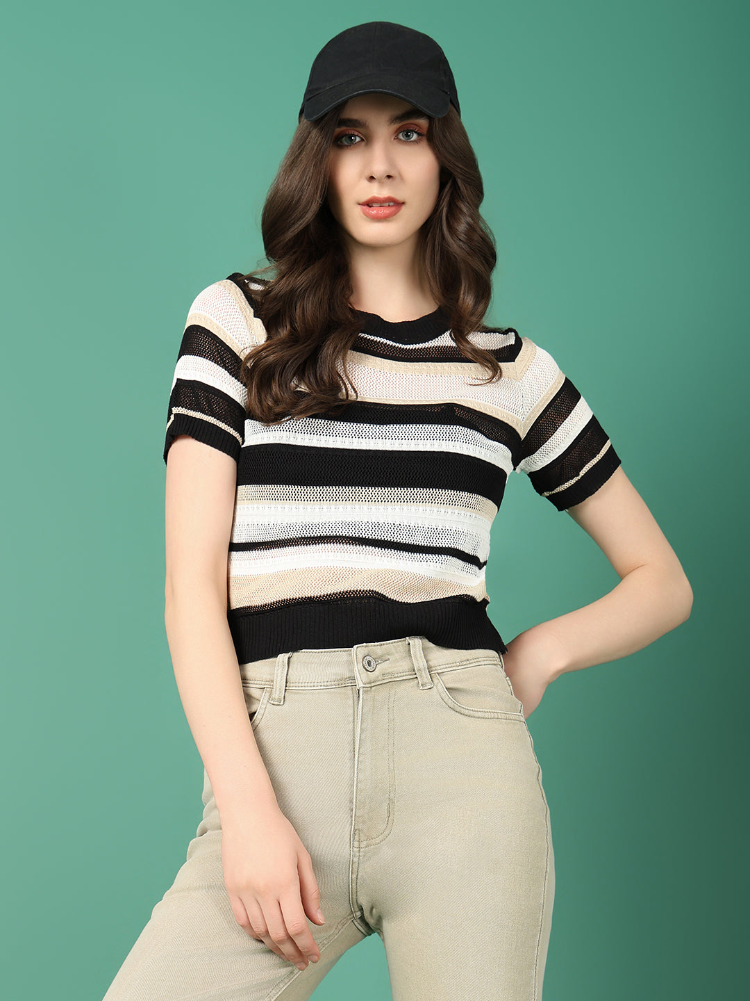 Women Black Striped Crochet Top