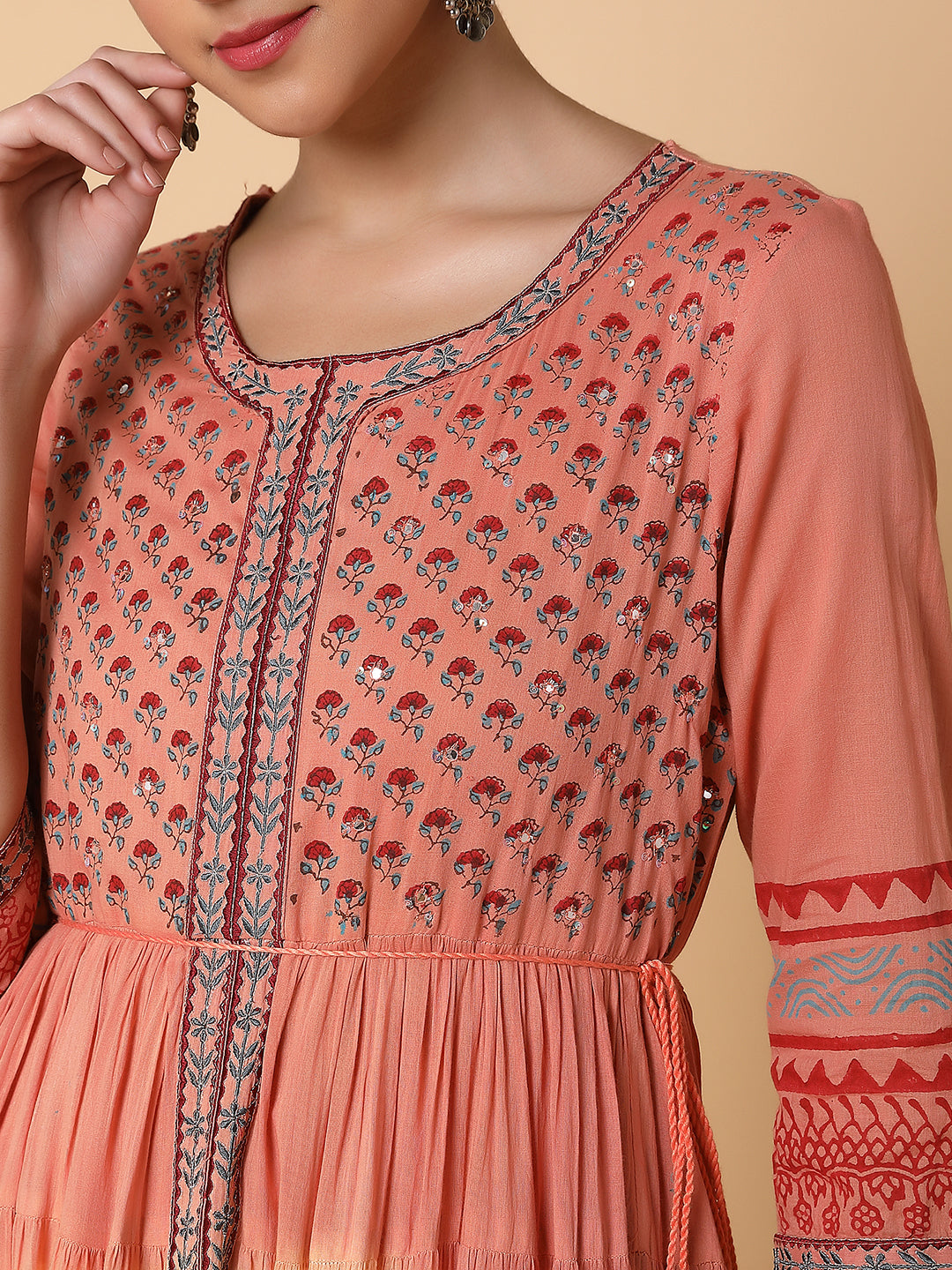 Women Floral Peach Anarkali Kurta