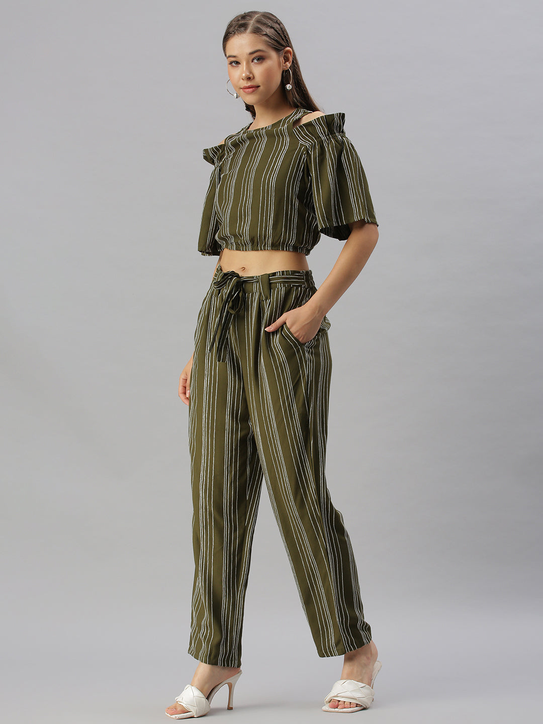 Women Striped Olive Co-Ords Set