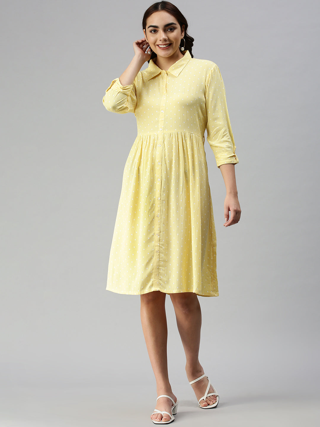 Women Self Design Shirt Style Yellow Dress