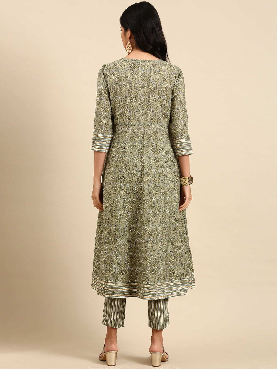 Women Graphic Olive Anarkali Kurta Set