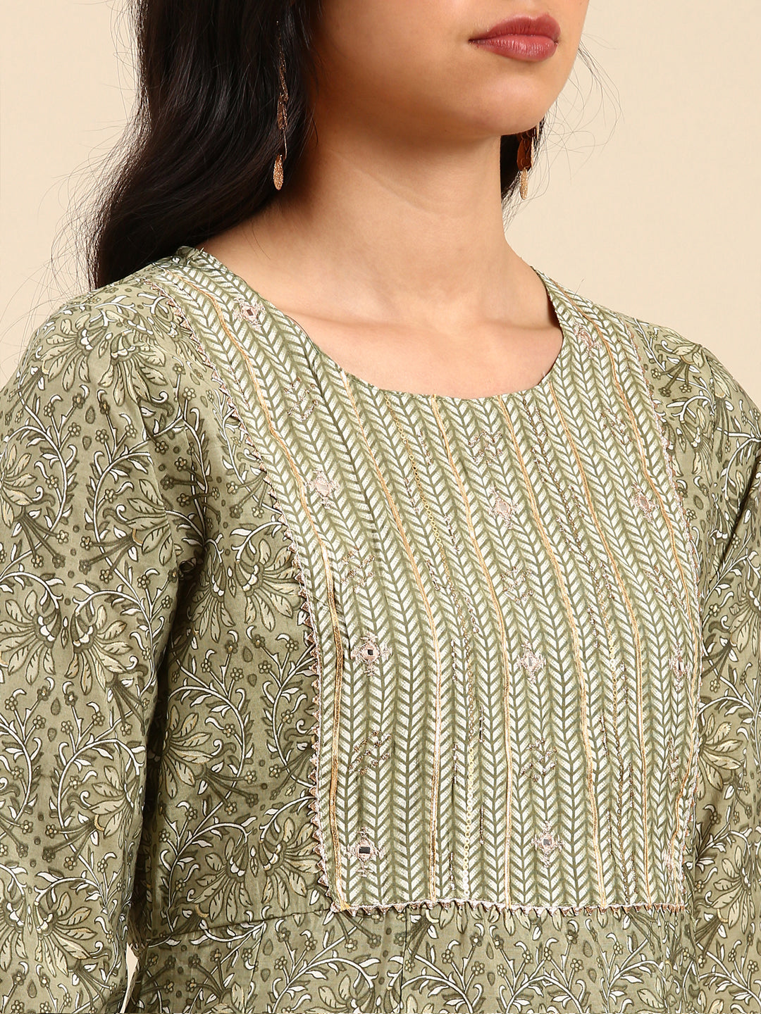 Women Graphic Olive Anarkali Kurta Set