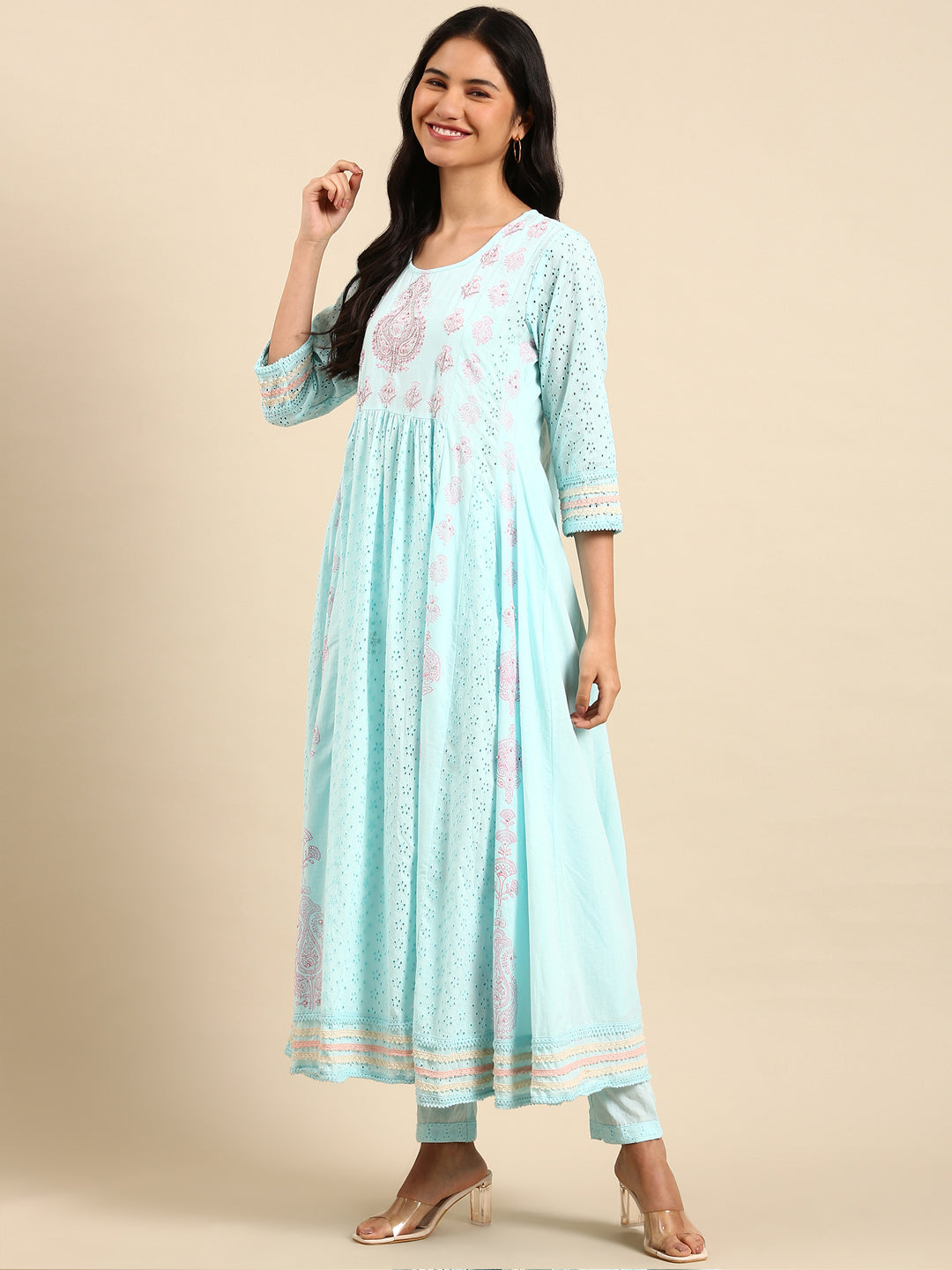 Women Graphic Blue Anarkali Kurta Set with Dupatta