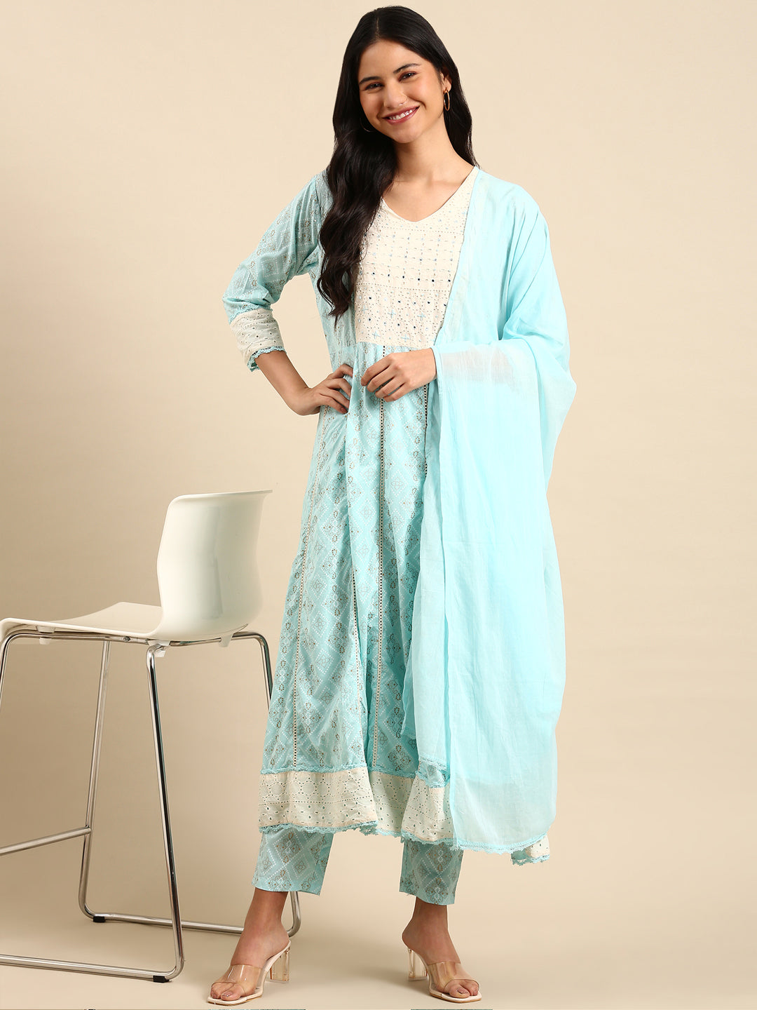 Women Bandhani Blue Anarkali Kurta Set with Dupatta