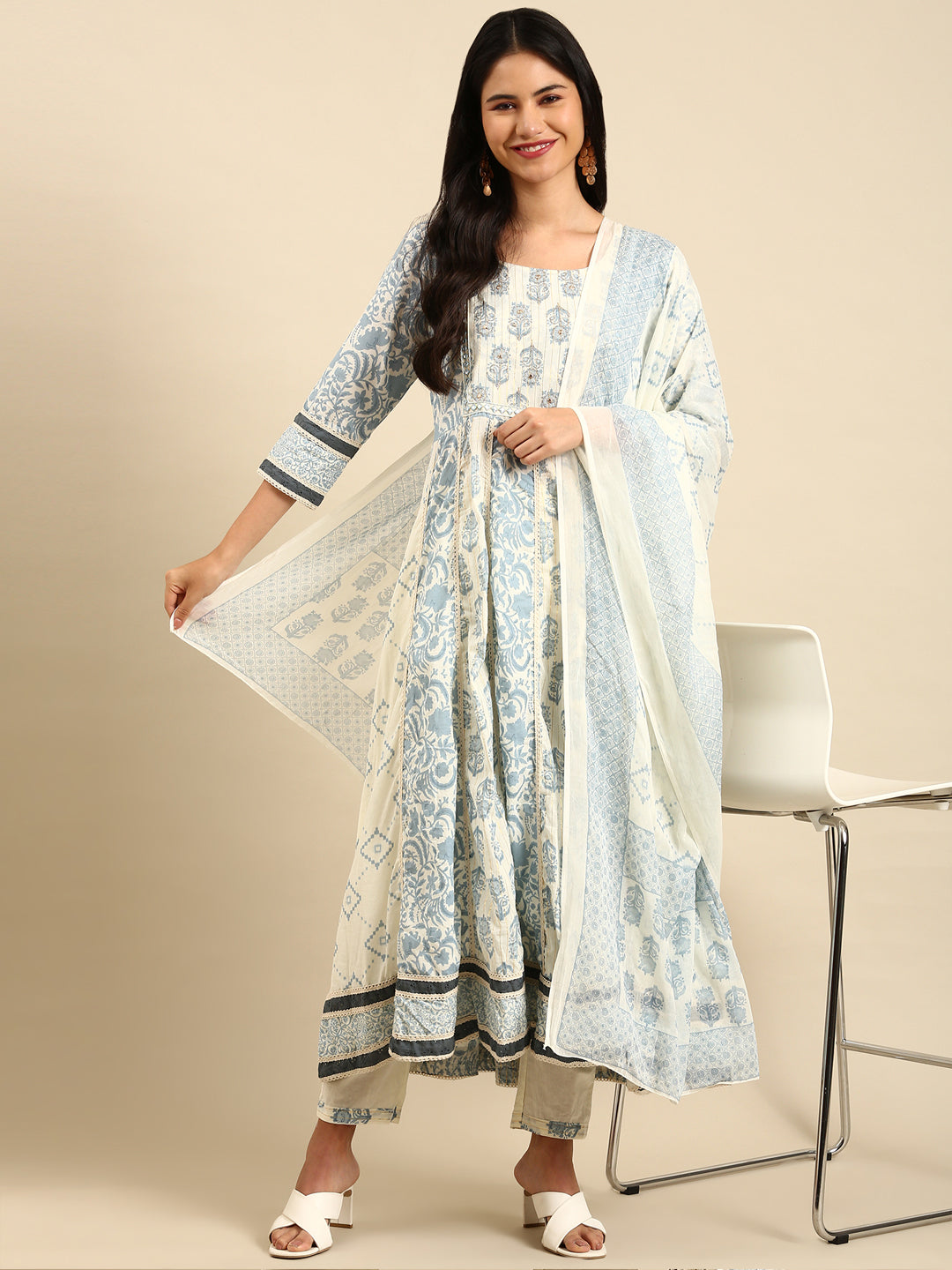 Women Floral Cream Anarkali Kurta Set with Dupatta