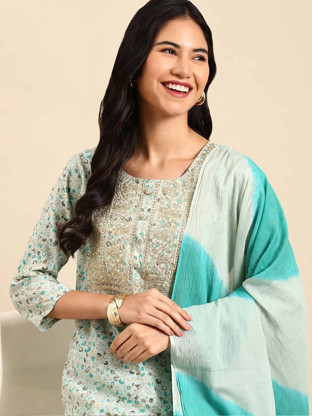 Women Graphic Blue Straight Kurta Set with Dupatta