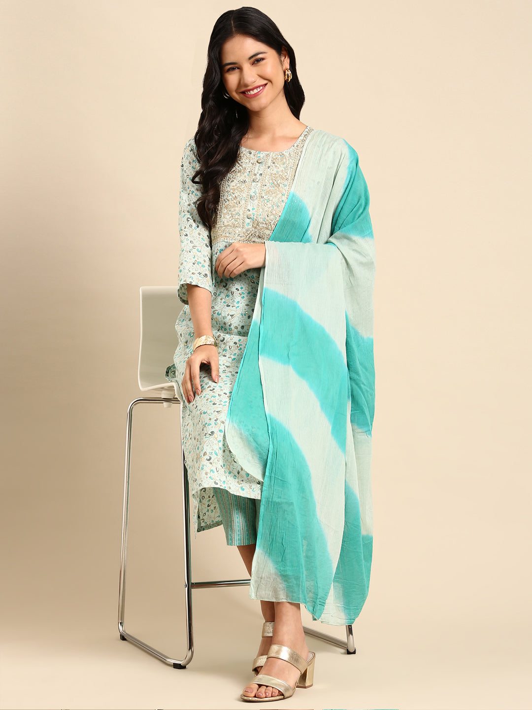 Women Graphic Blue Straight Kurta Set with Dupatta