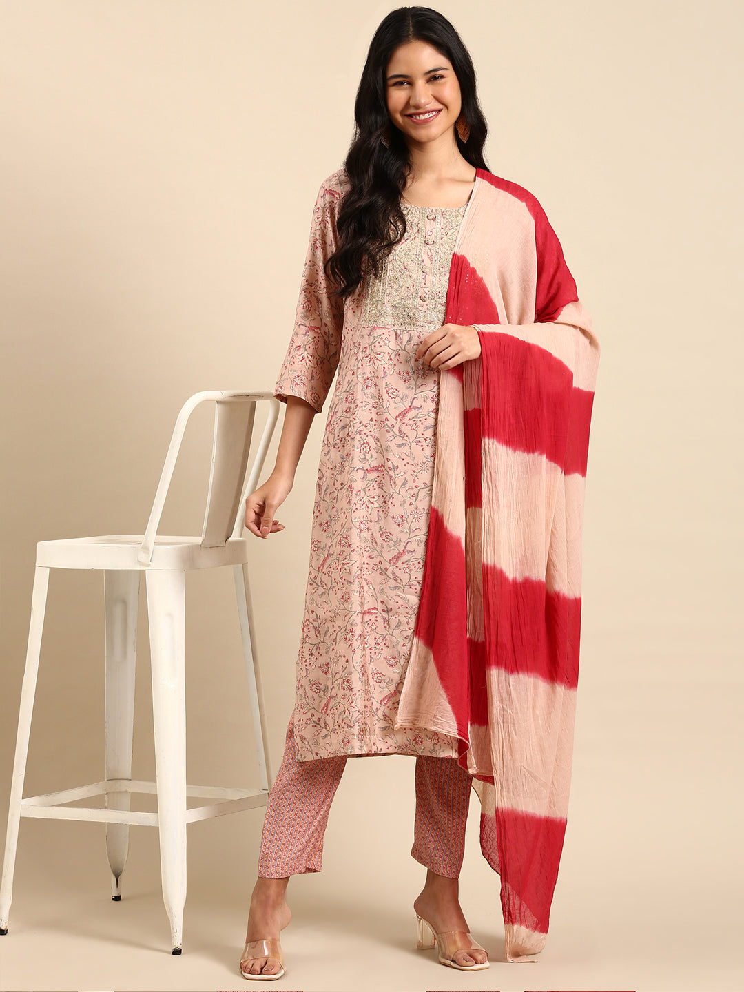 Women Floral Peach Straight Kurta Set with Dupatta