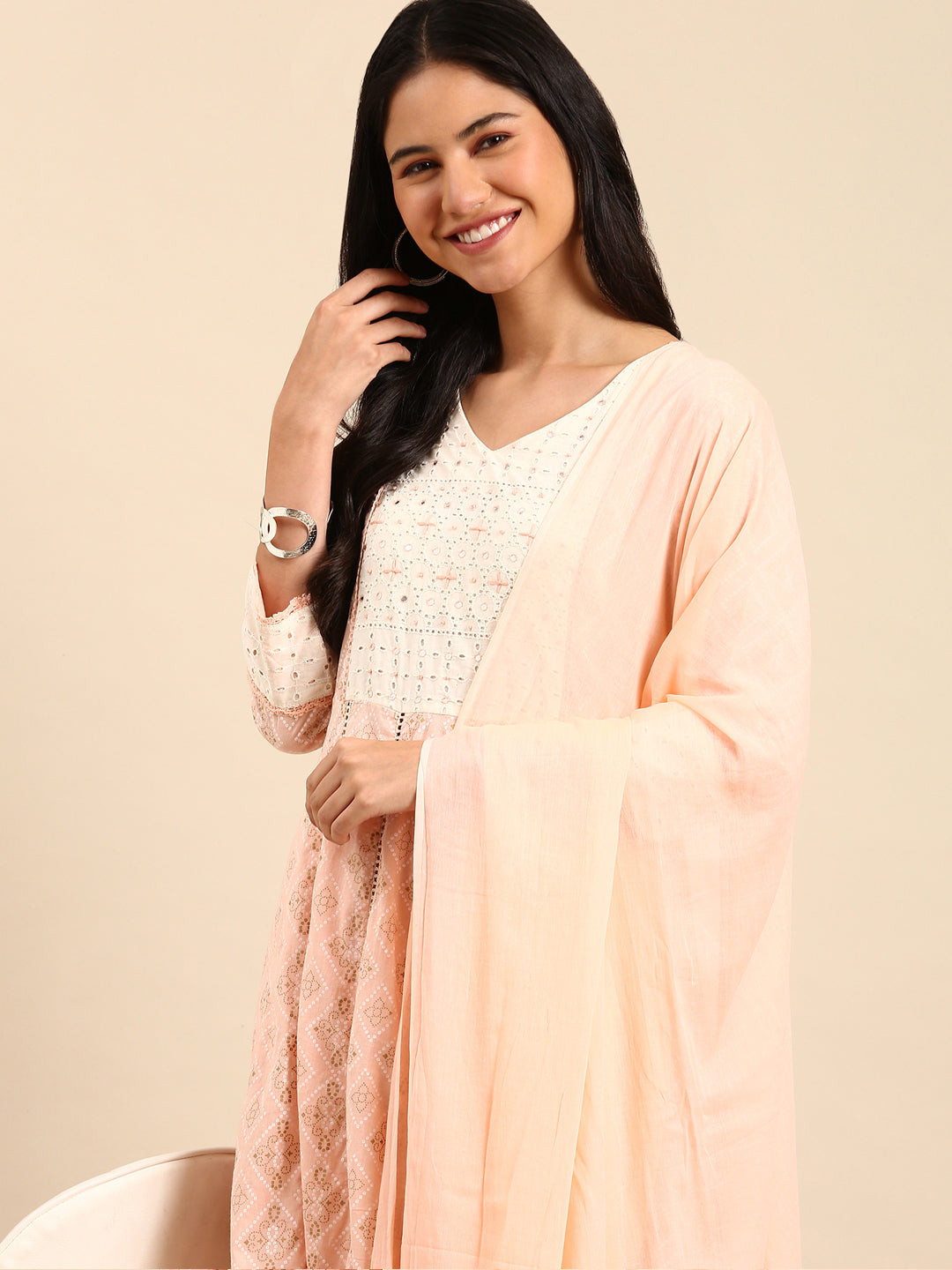 Women Bandhani Peach Anarkali Kurta Set with Dupatta