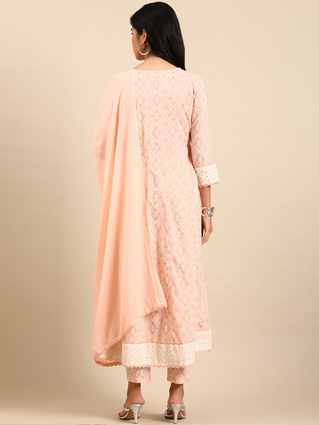 Women Bandhani Peach Anarkali Kurta Set with Dupatta