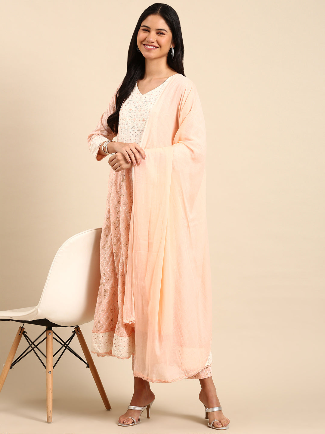 Women Bandhani Peach Anarkali Kurta Set with Dupatta