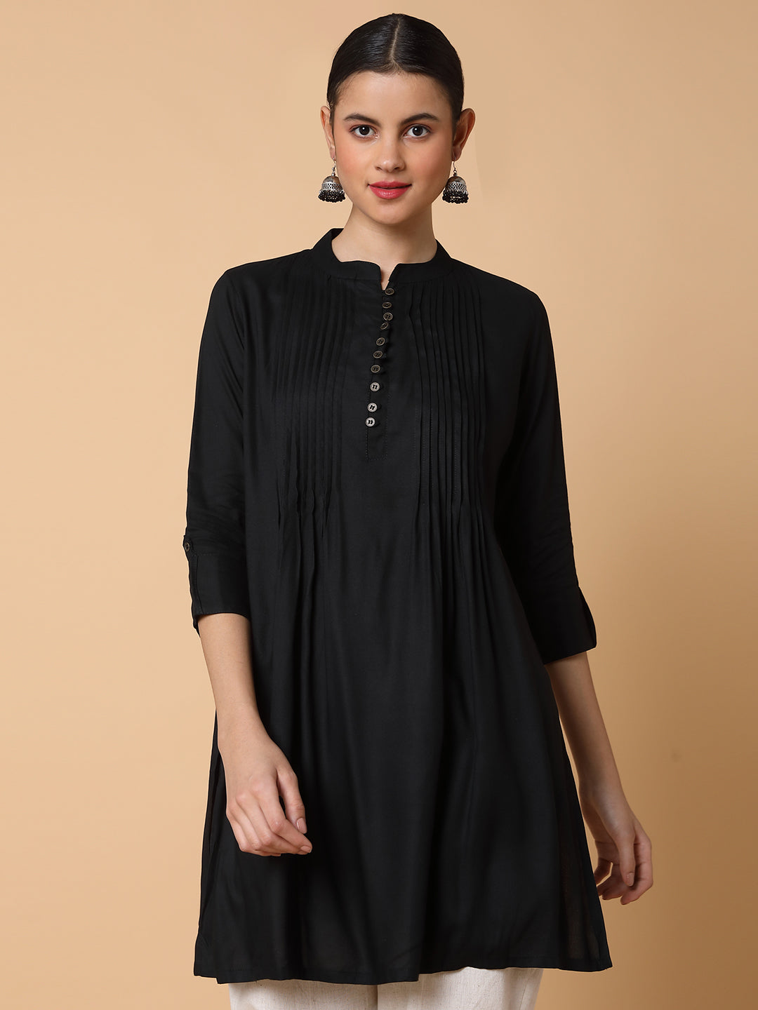 Women Solid Black Straight Kurti