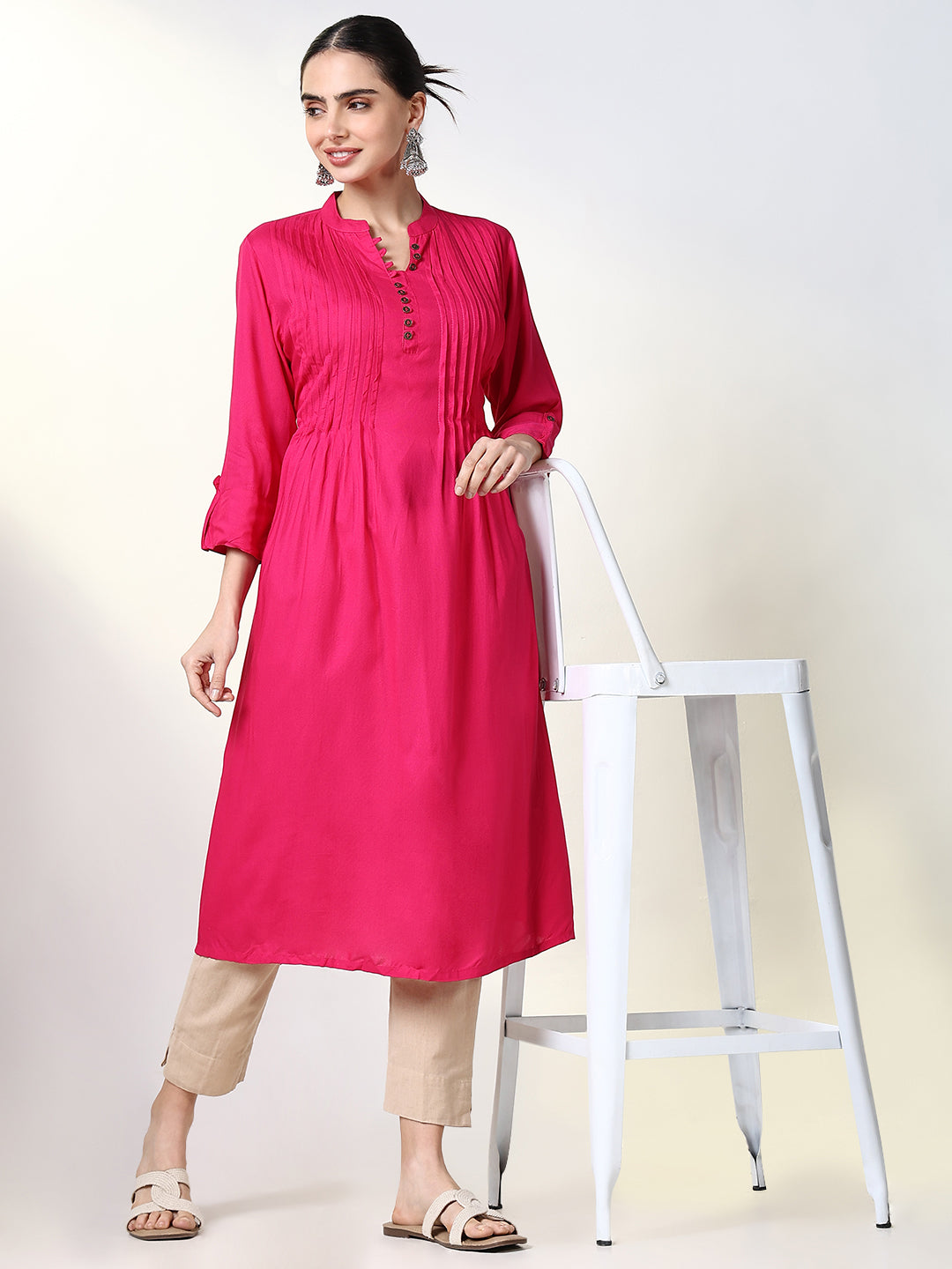 Women Fuchsia Solid A Line Kurta