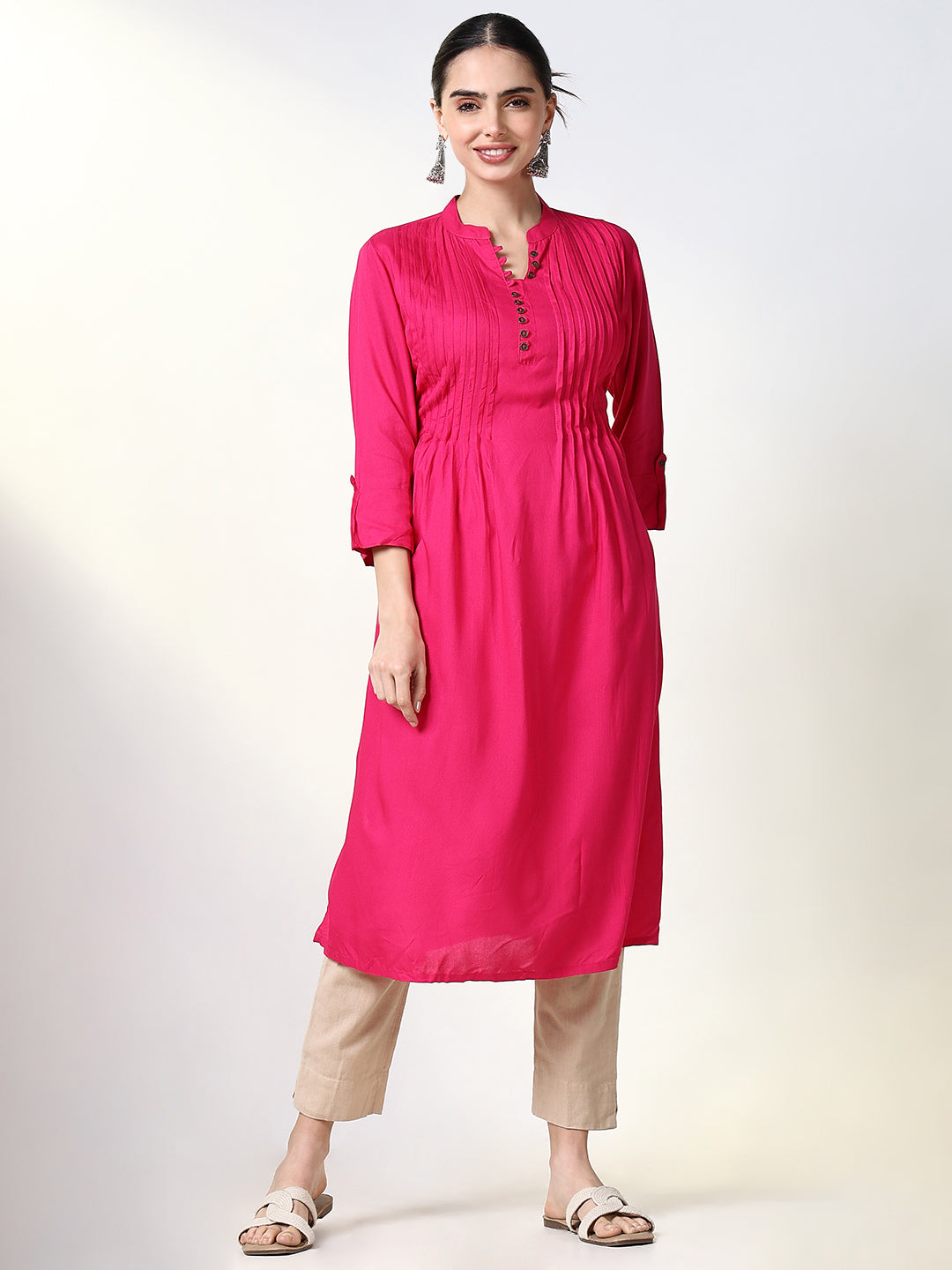 Women Fuchsia Solid A Line Kurta