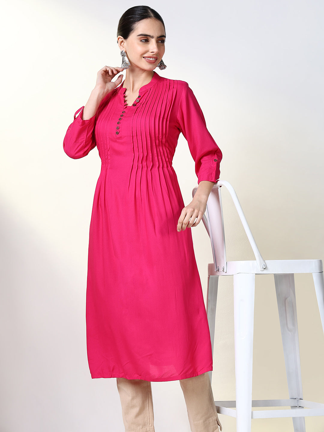 Women Fuchsia Solid A Line Kurta