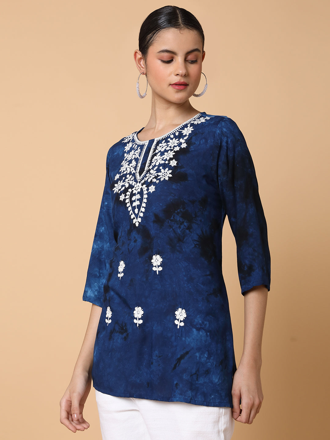 Women Floral Navy Blue Chikankari Kurti