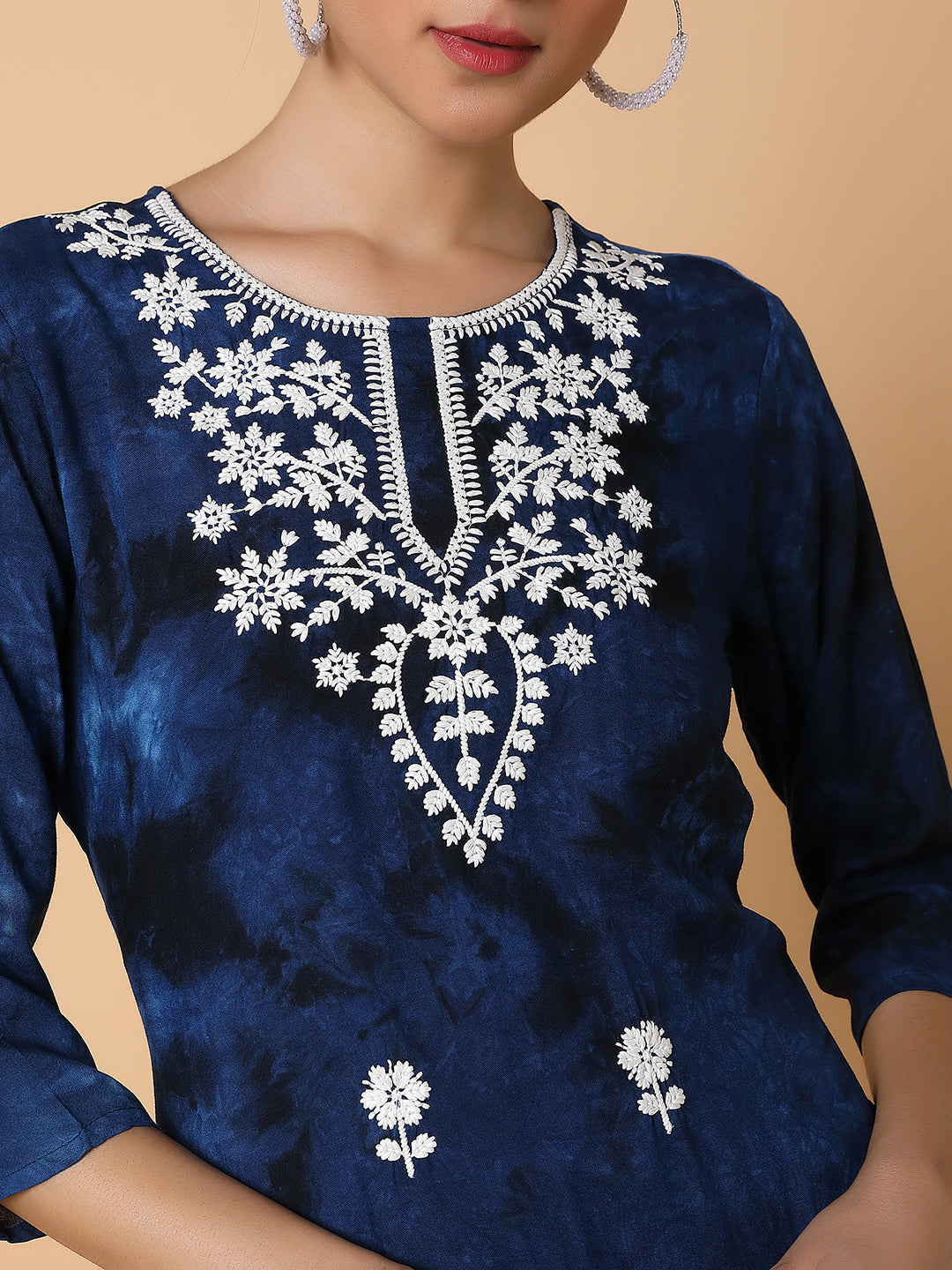 Women Floral Navy Blue Chikankari Kurti