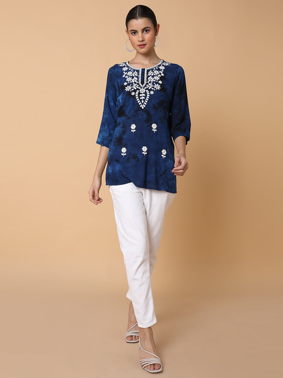 Women Floral Navy Blue Chikankari Kurti