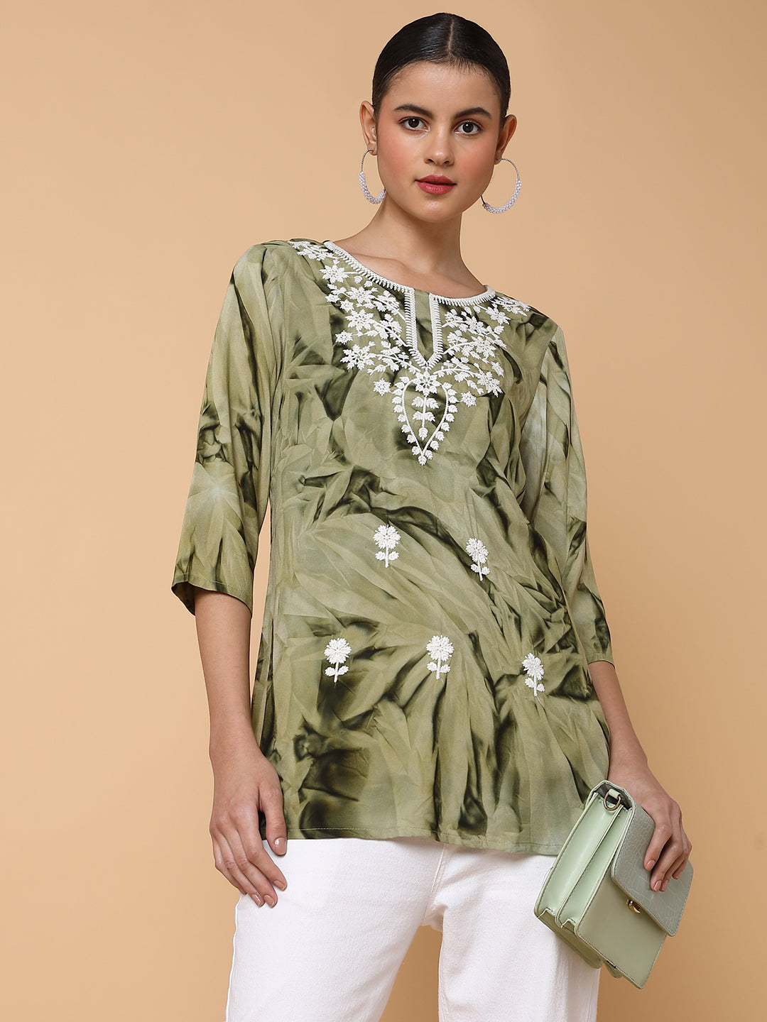 Women Floral Olive Chikankari Kurti