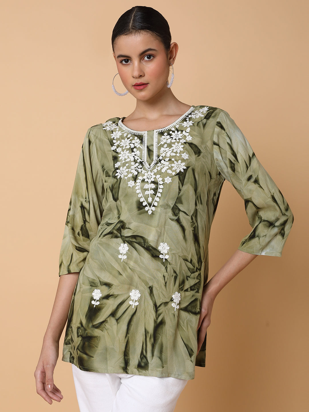 Women Floral Olive Chikankari Kurti