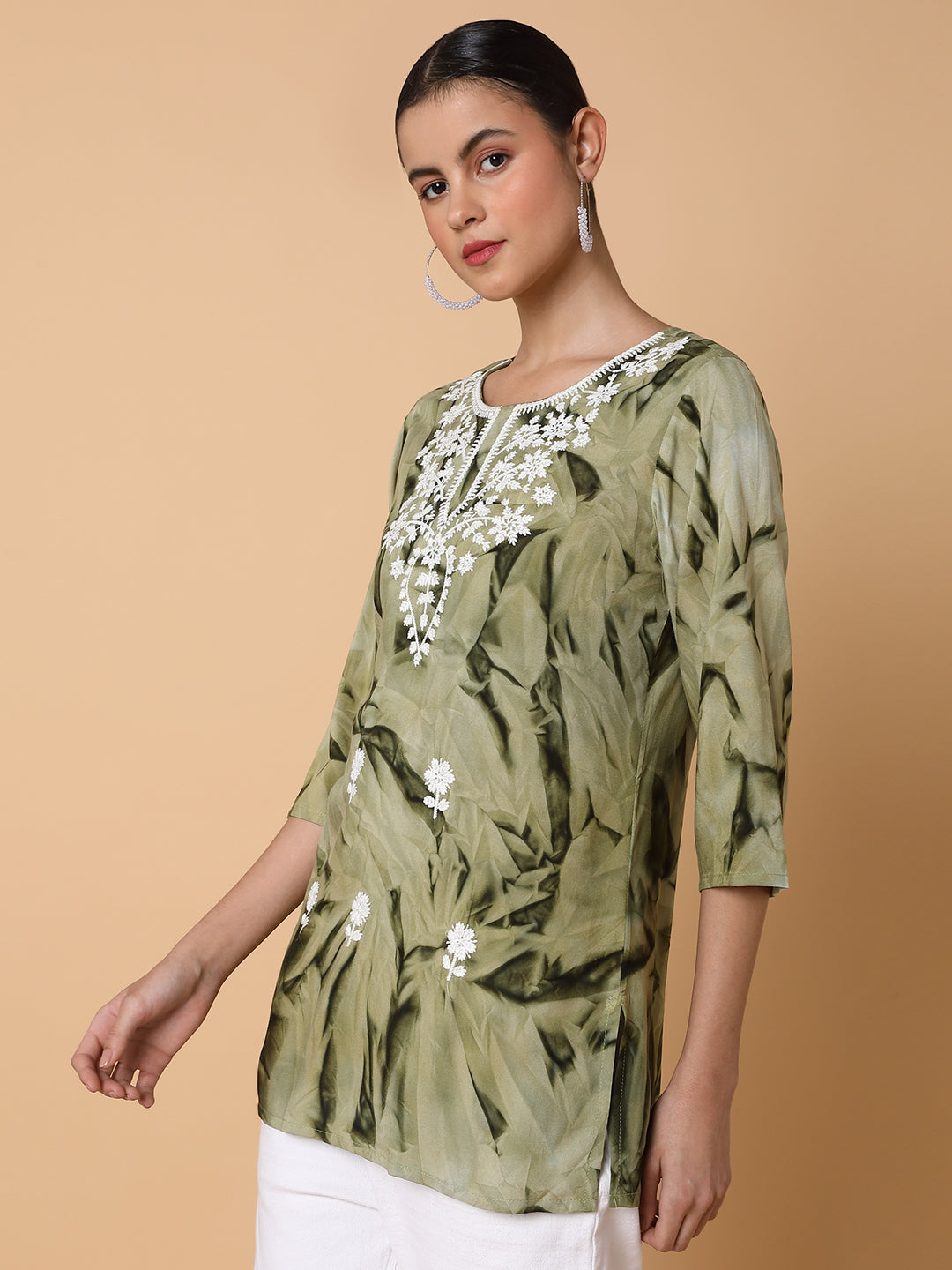 Women Floral Olive Chikankari Kurti