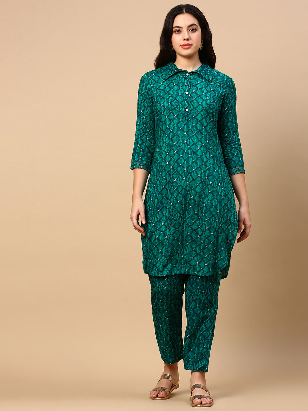 Women Bandhani Green Straight Kurta Set