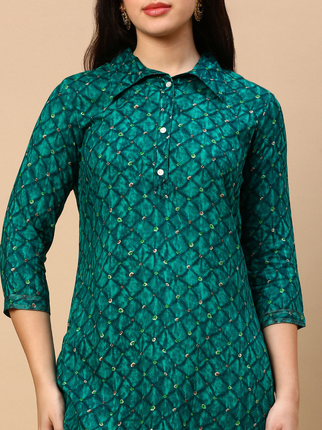 Women Bandhani Green Straight Kurta Set