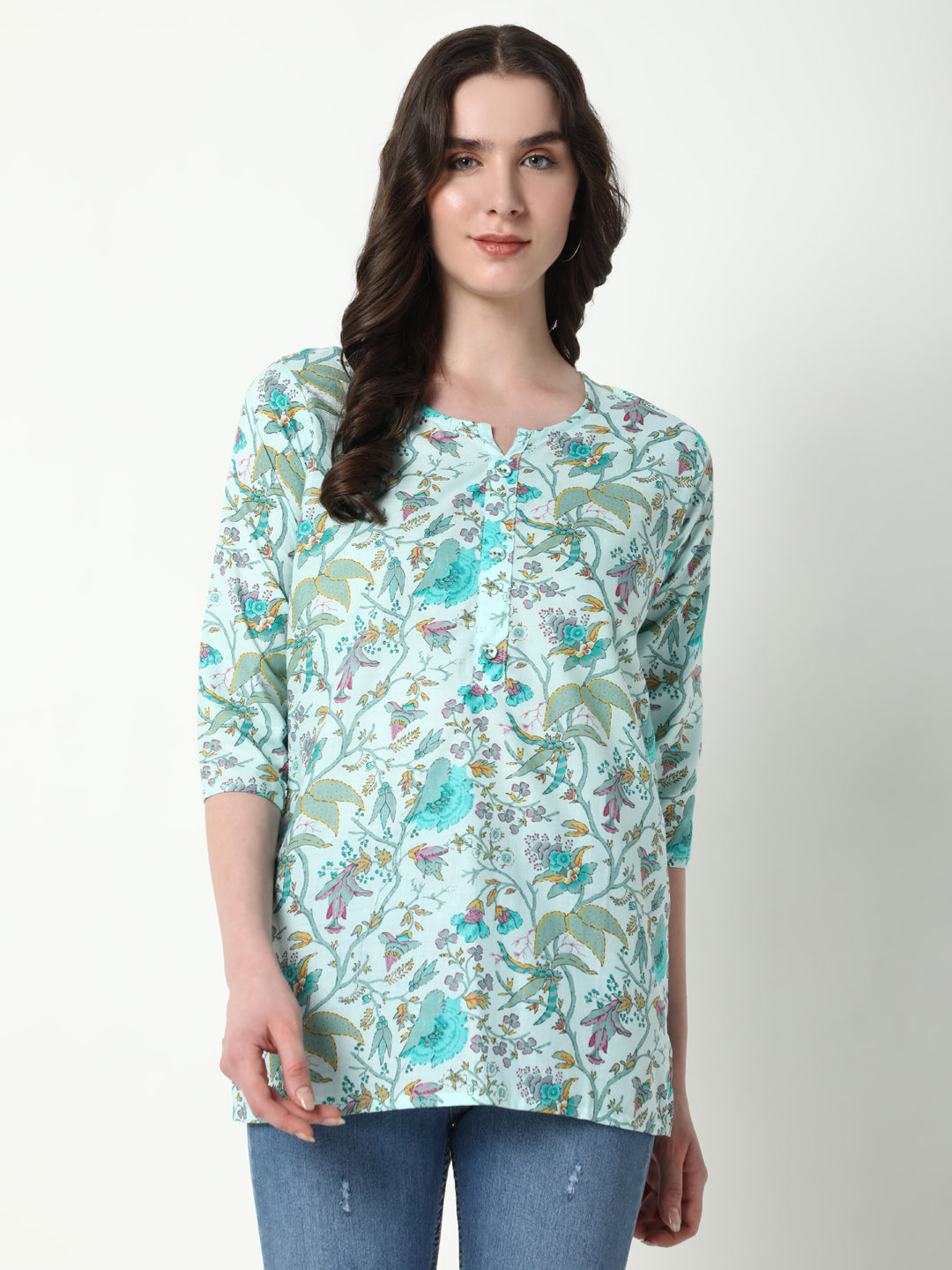 Women Green Floral Straight Kurti