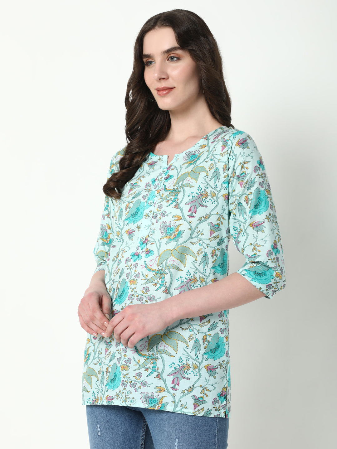 Women Green Floral Straight Kurti