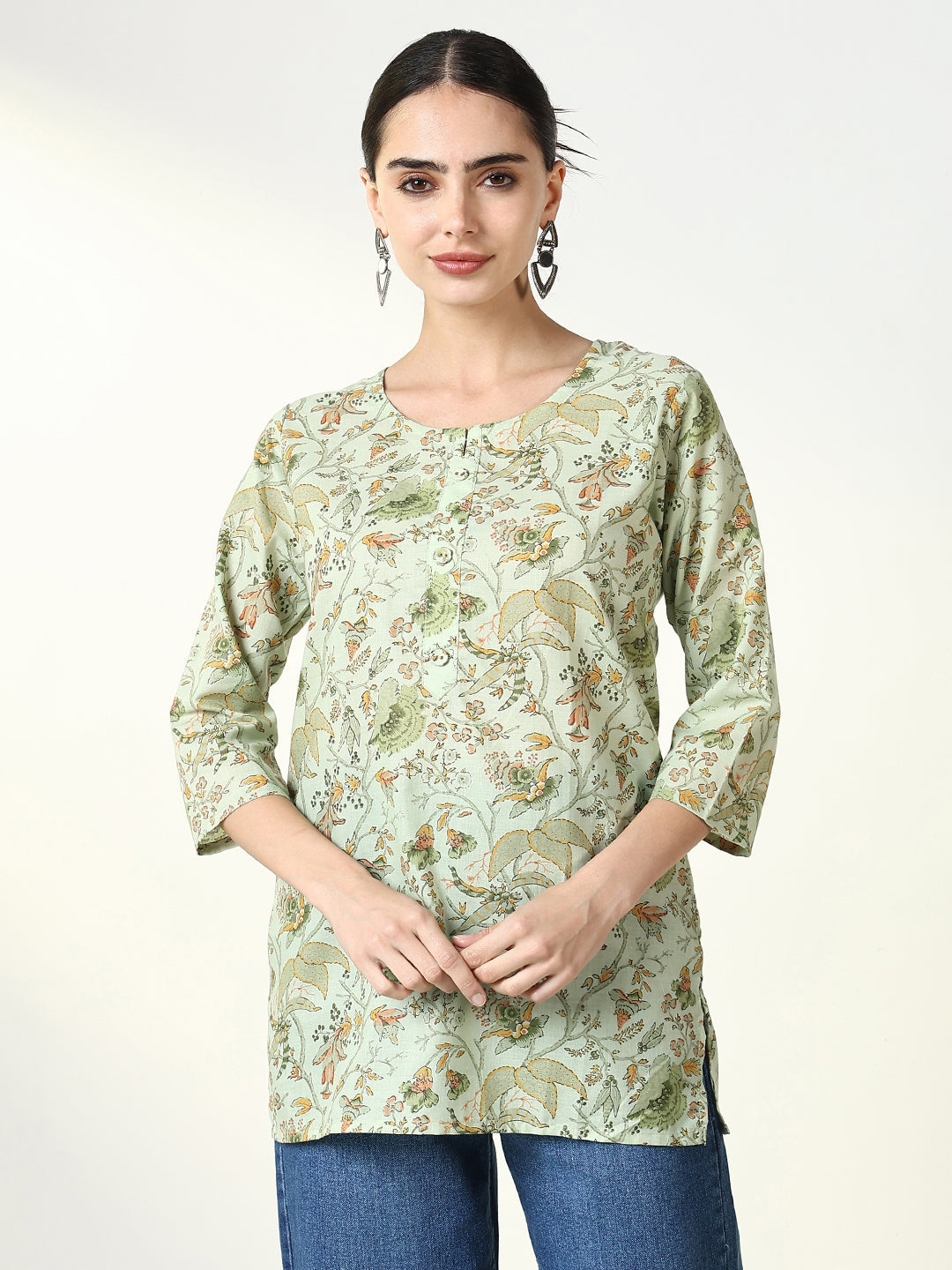 Women Green Floral Straight Kurti