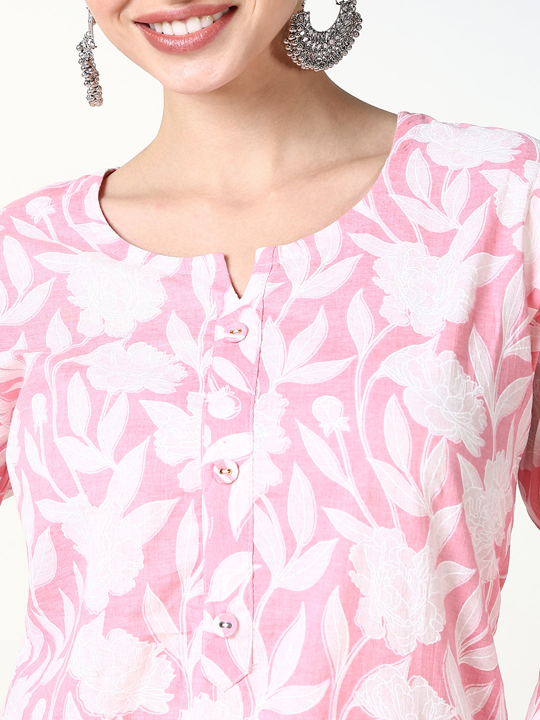 Women Pink Floral Straight Kurti