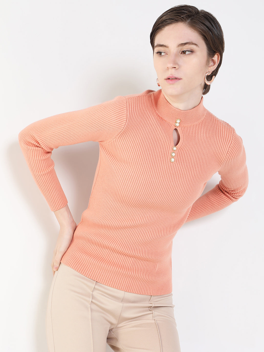 Women Solid Peach Fitted Top