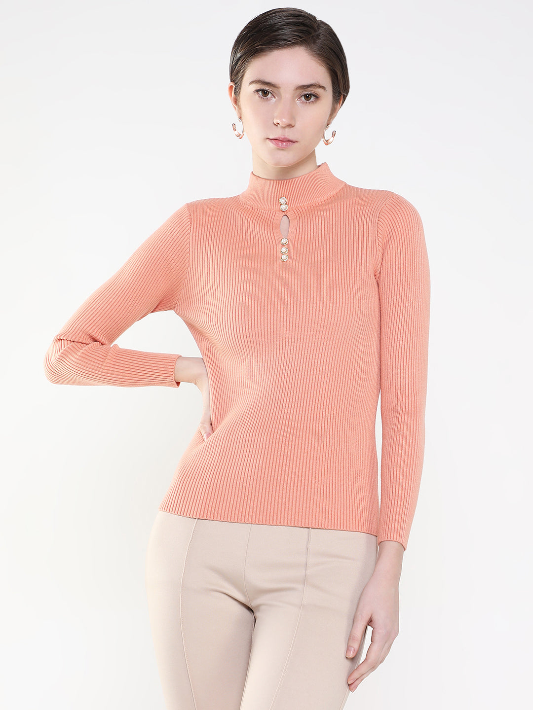 Women Solid Peach Fitted Top