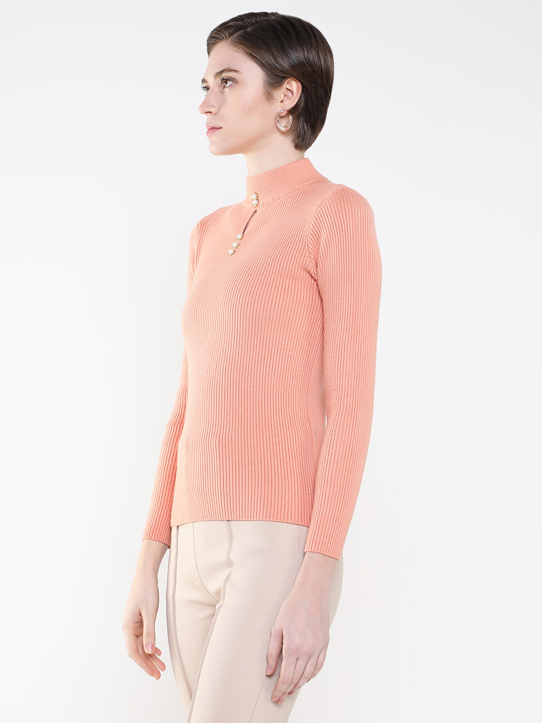 Women Solid Peach Fitted Top