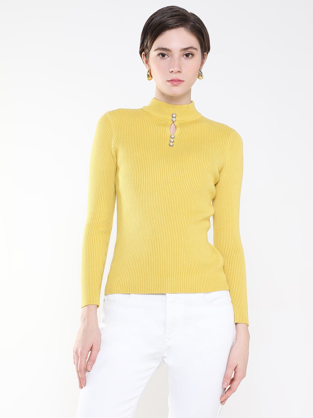 Women Solid Yellow Fitted Top