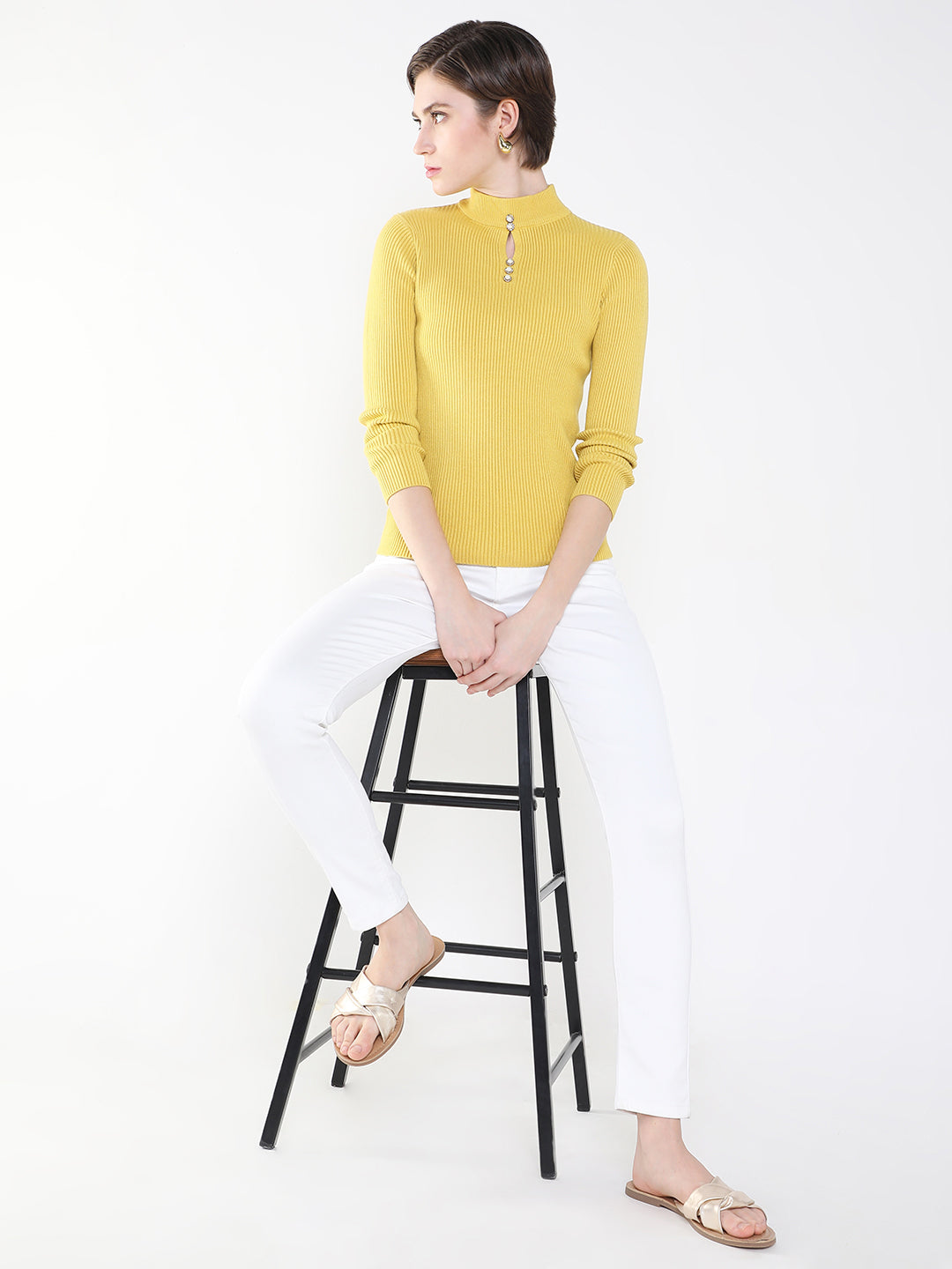 Women Solid Yellow Fitted Top