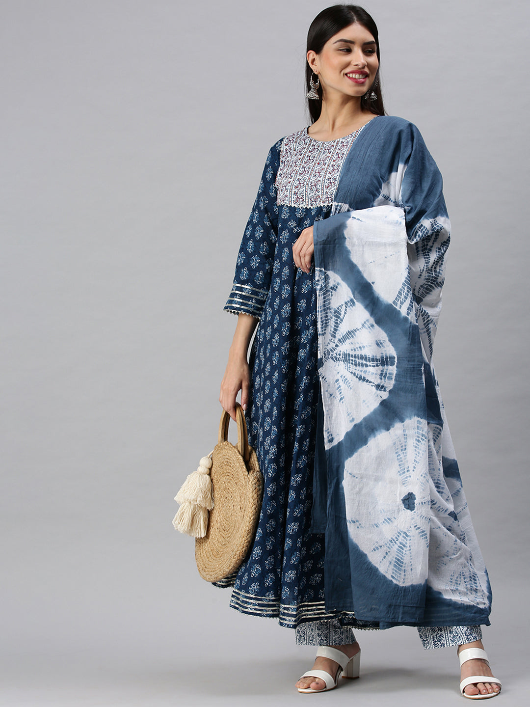 Women Anarkali Blue Printed Kurta and Trousers