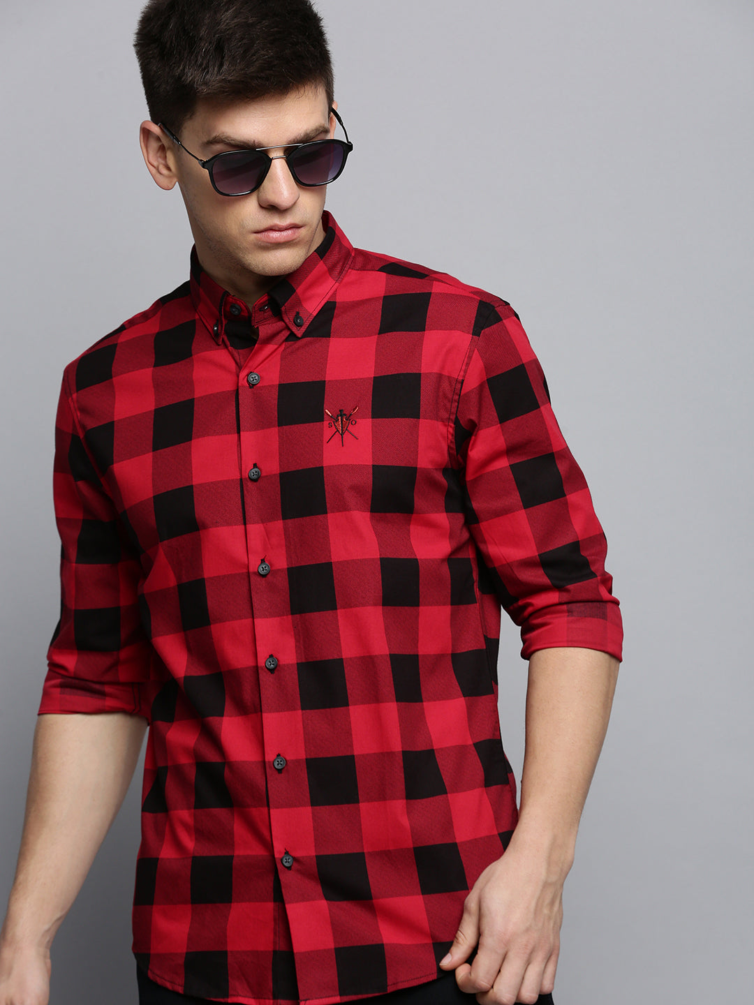 Men Spread Collar Checked Red Shirt