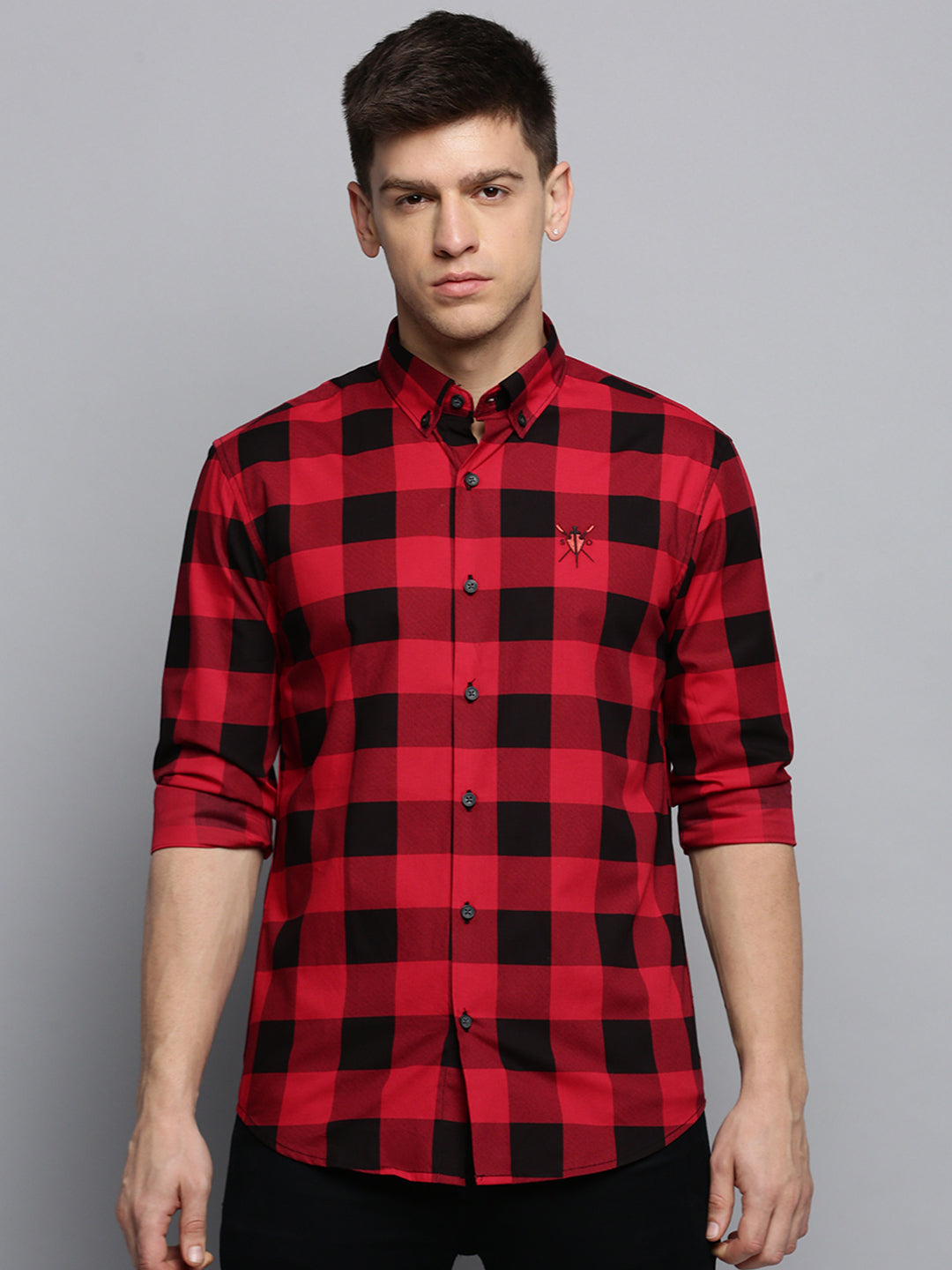 Men Spread Collar Checked Red Shirt