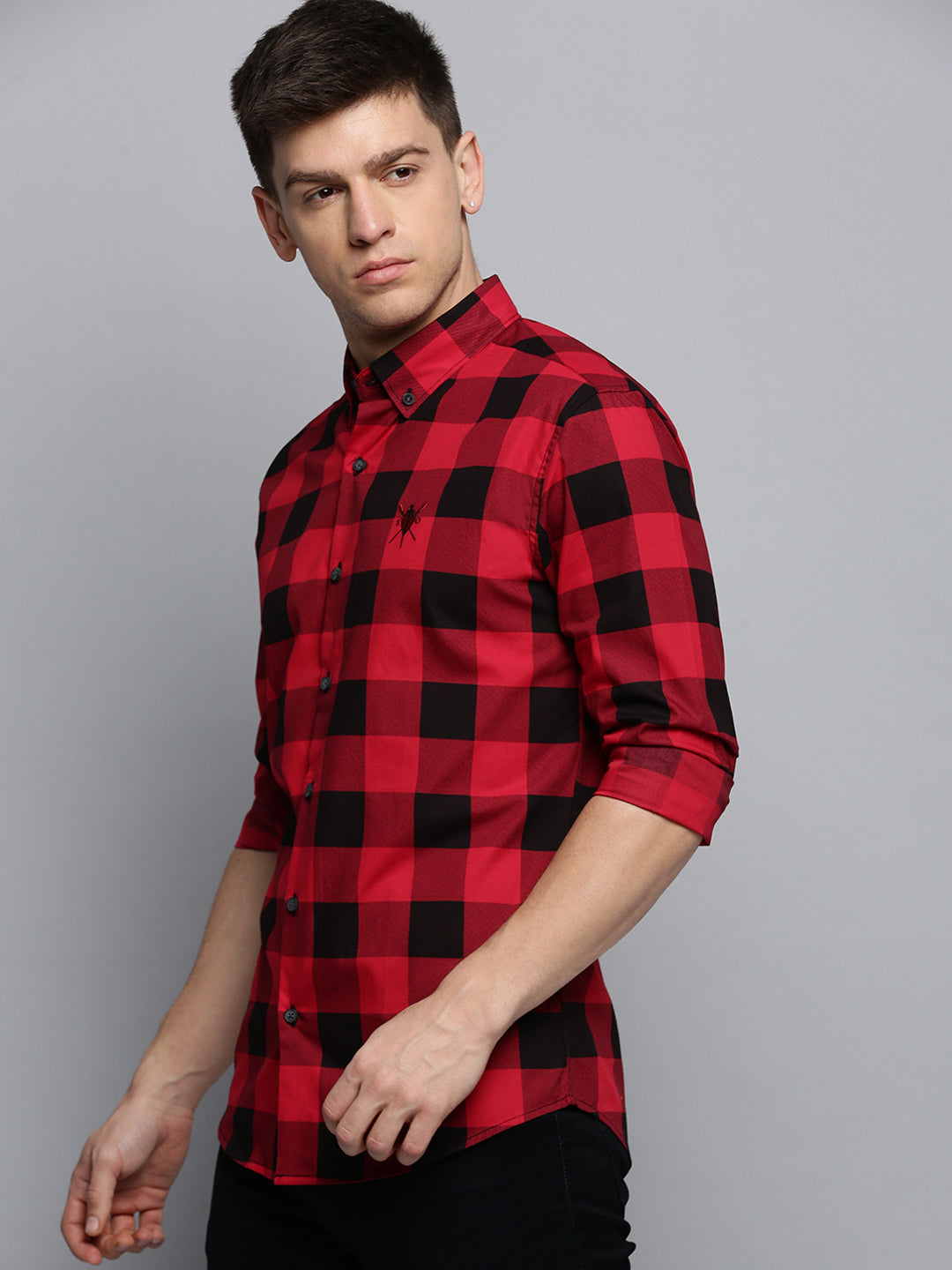 Men Spread Collar Checked Red Shirt