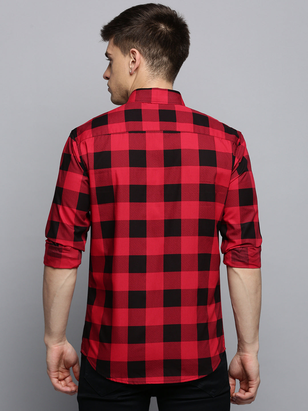 Men Spread Collar Checked Red Shirt