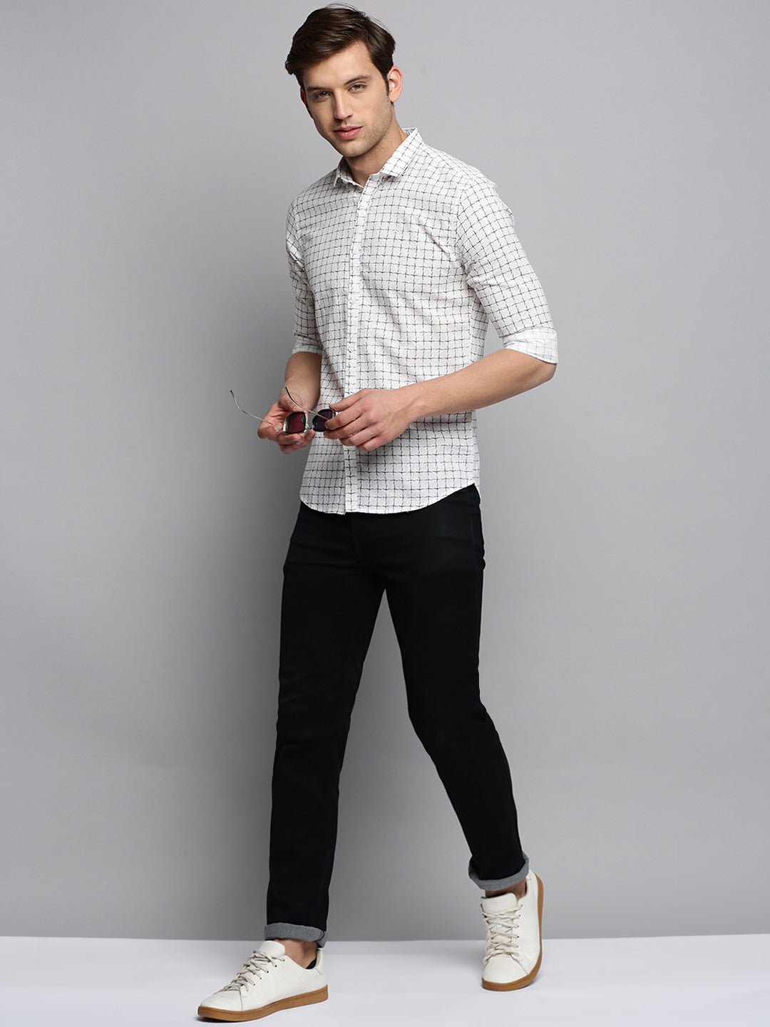 Men Spread Collar Printed White Shirt