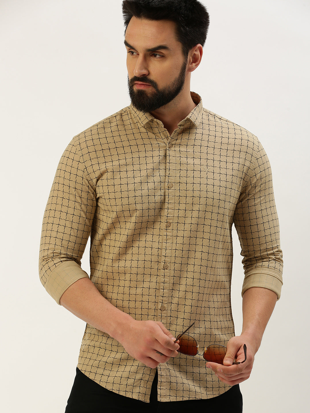 Men Spread Collar Printed Khaki Shirt