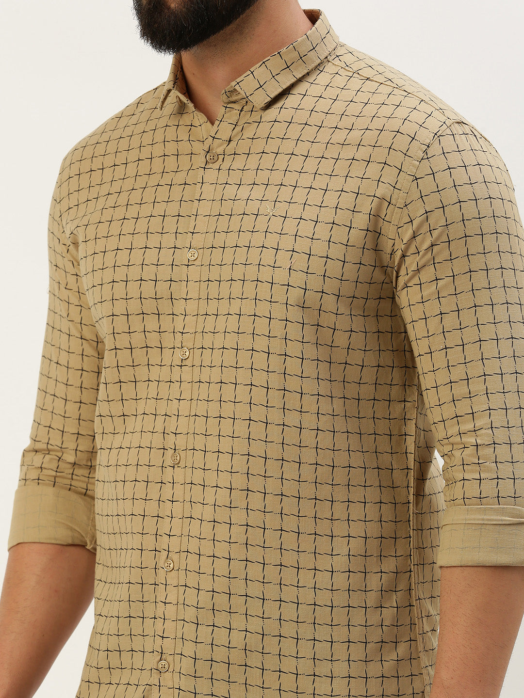 Men Spread Collar Printed Khaki Shirt