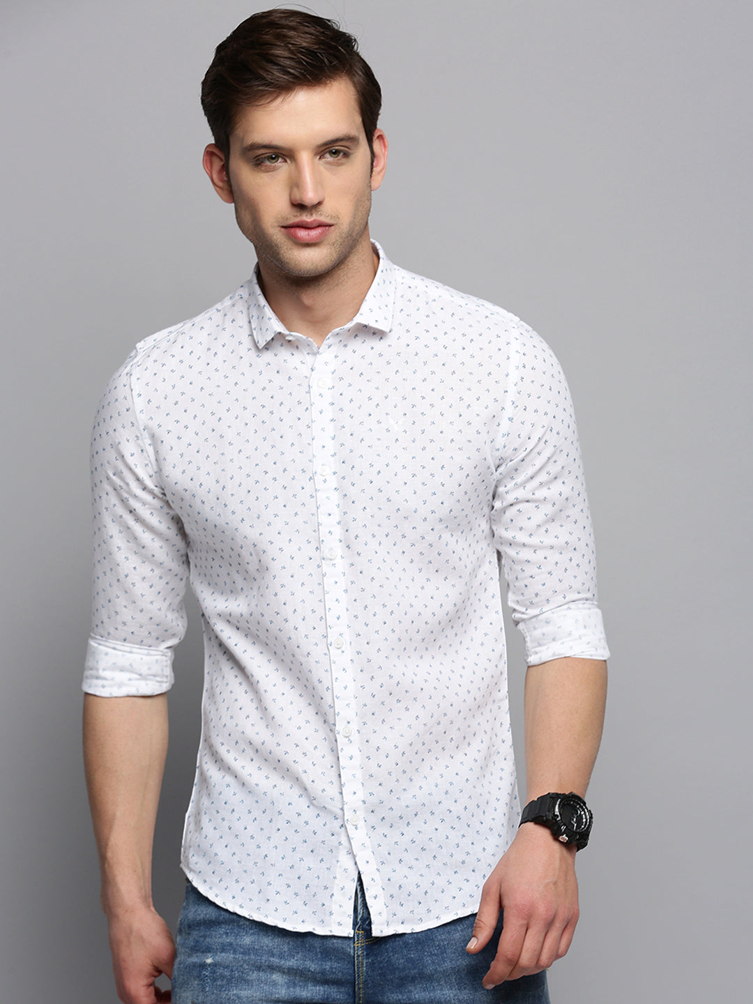 Men Spread Collar Printed White Shirt