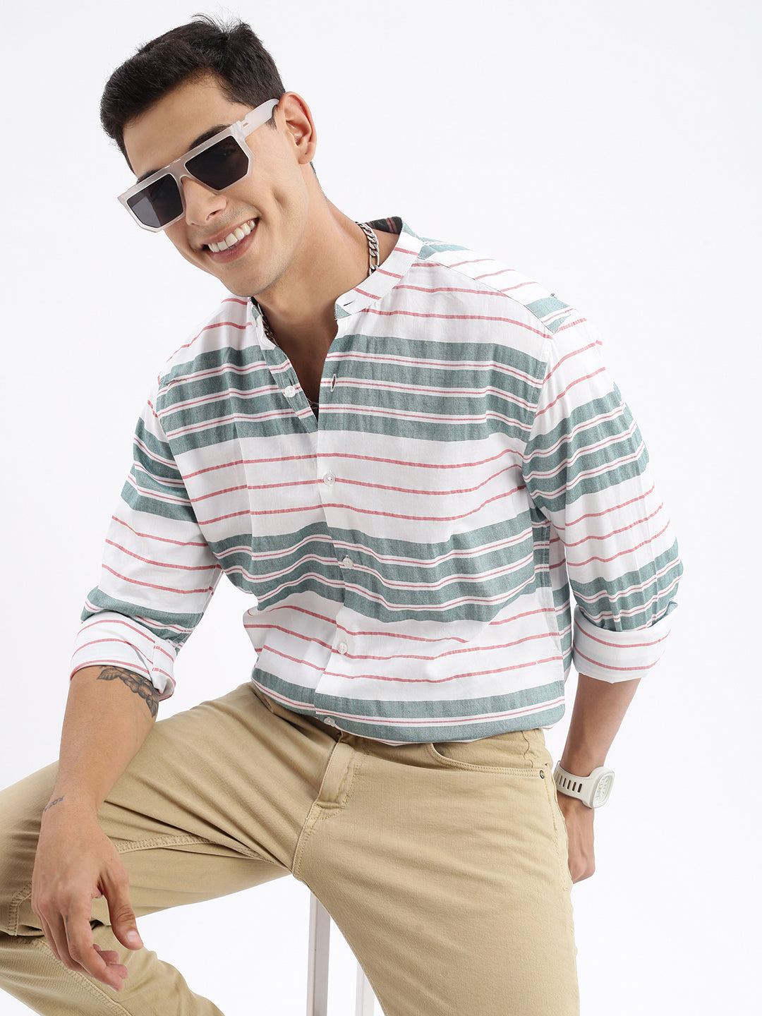 Men Mandarin Collar Striped Slim Fit Green Shirt