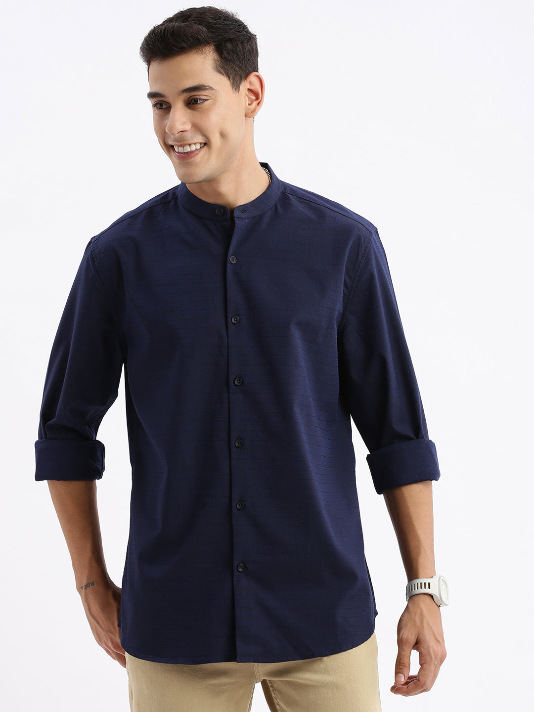 Men Mandarin Collar Solid Slim Fit Navy Blue Shirt